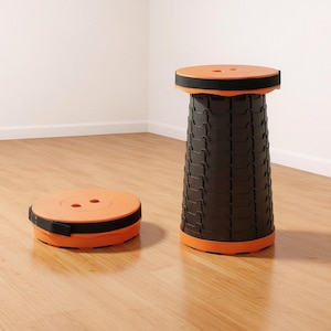May include: An orange and black folding stool, shown both collapsed and extended. The stool is made of interlocking black segments with orange top and bottom sections. The collapsed stool is a flat disc, while the extended stool is cylindrical.