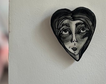 Hanging Lady Heart Porcelain black and white pottery miniature small jewelry bowl art