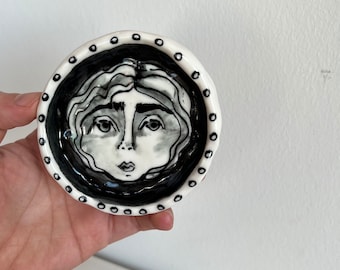 Patterned Lady Dish black and white tiny miniature small porcelain pottery ceramic elegant whimsical collectible bowl