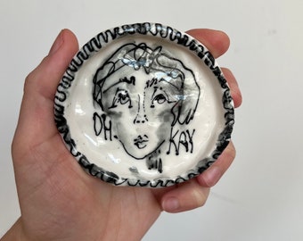 Patterned Lady Dish black and white tiny miniature small porcelain pottery ceramic elegant whimsical collectible bowl