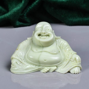Natural Serpentine Laughing Buddha Statue: Good Luck Symbol