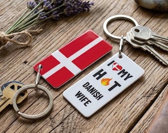 Denmark Flag Keyring with I love my Danish wife or husband