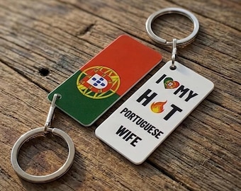 Portugal Flag Keyring with I love my Portuguese wife or husband