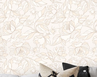 Tapeta z motywem białych piwonii, neutralna tapeta z motywem kwiatowym. Lniana, ecru, izabelowa, wełna merino, kurz rodeo i odcienie brązu.