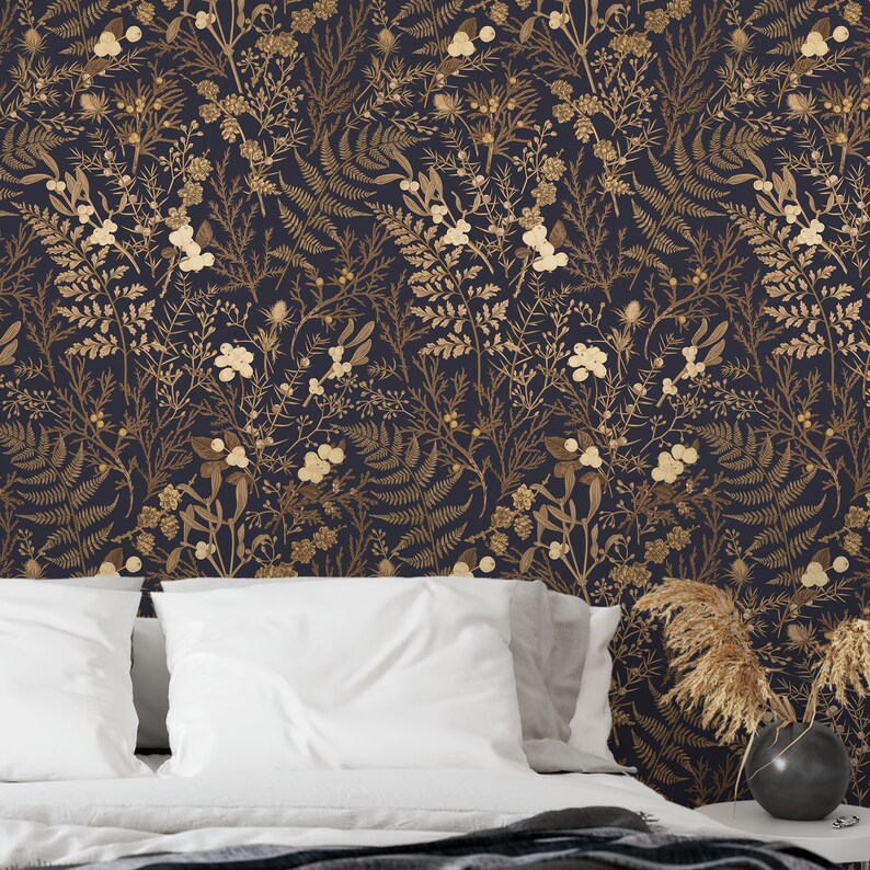 May include: A dark blue wallpaper with a gold floral pattern. The wallpaper features a variety of flowers, leaves, and branches, all in a delicate gold design. The wallpaper is perfect for adding a touch of elegance and sophistication to any room.