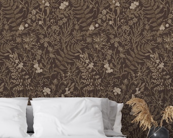 Tapeta w stonowanym, ciemnobrązowym lesie, tapeta w stylu vintage z motywem botanicznym. Ciemny taupe, szarobrązowy, oślego brązu i odcienie quincy.