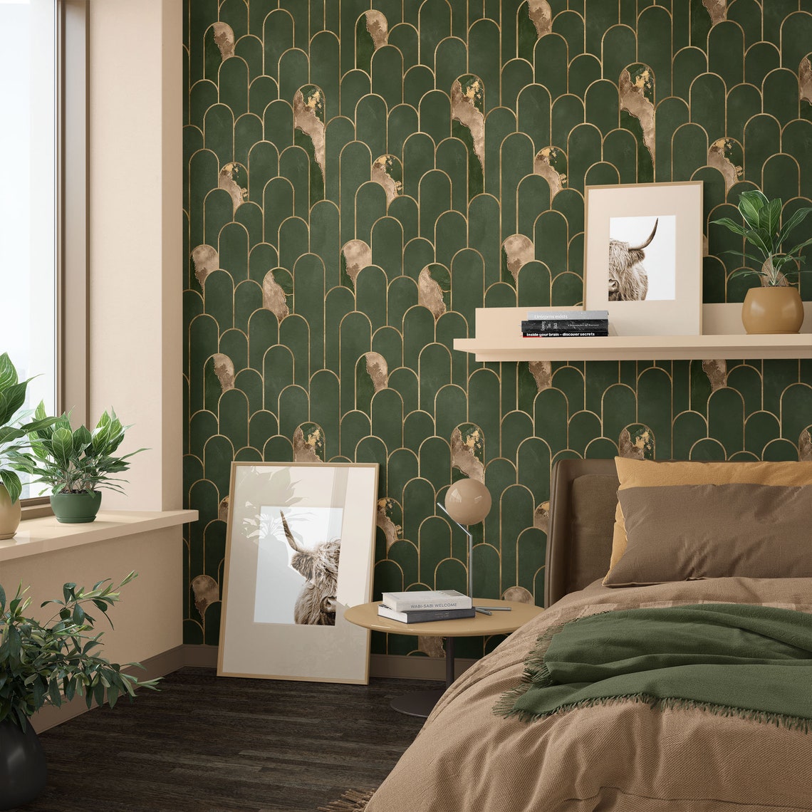 Rifle Green and Pale Gold Wallpaper, Art Deco Arches Wallpaper. Dark ...