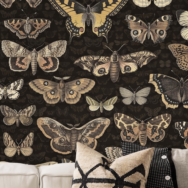 Dark Butterfly Vintage Wallpaper, Butterflies & Moths Vintage Wallpaper. Brown Yellow, Harvest Gold, Pale Brown and Coffee Color Shades