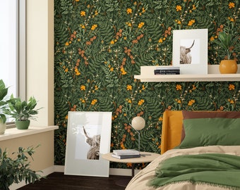 Papier peint forêt vert foncé et peau d'orange, papier peint forêt botanique vintage. Nuances de couleur olive noir, orange délavé et champagne