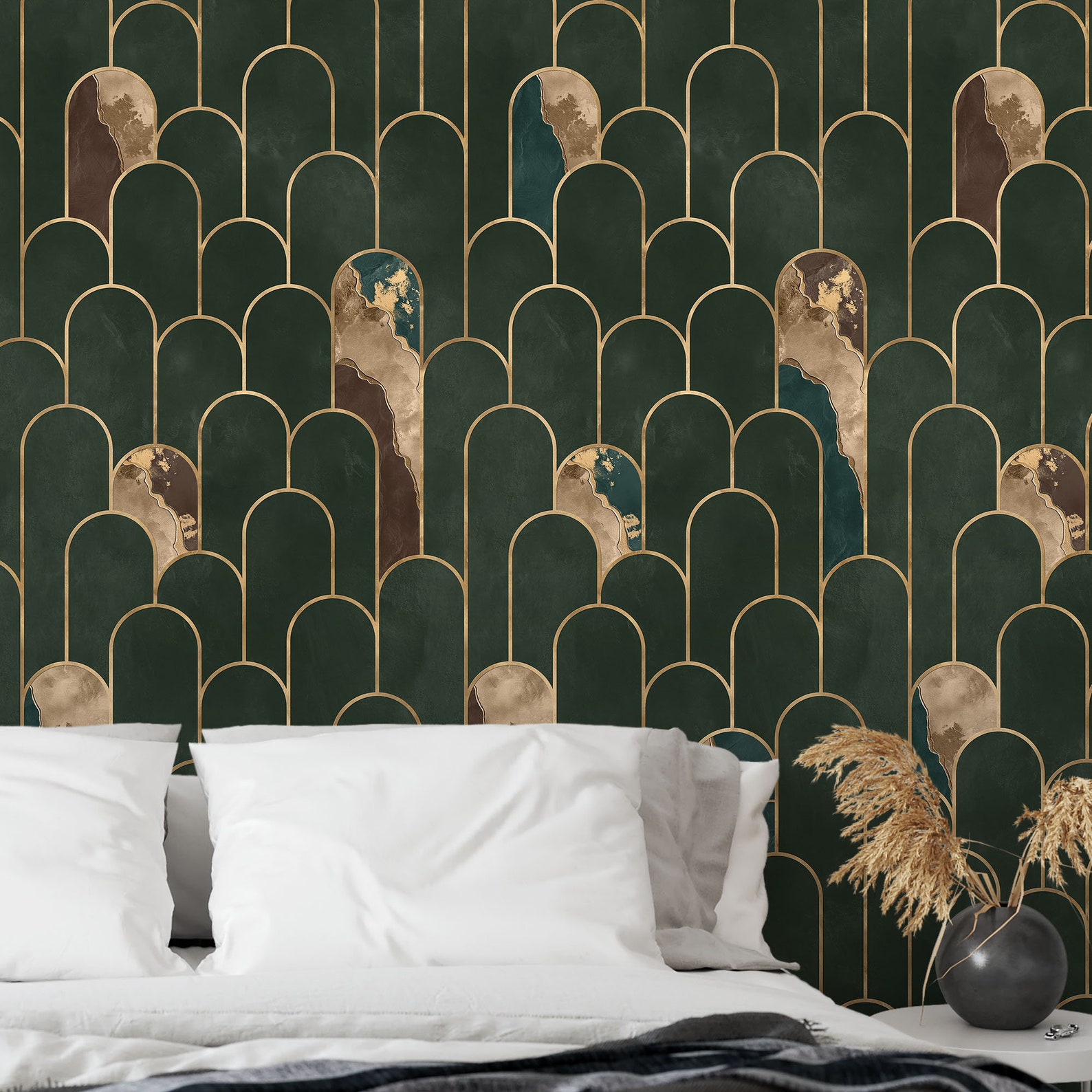 Dark Jungle Green and Pale Gold Wallpaper, Art Deco Arches Wallpaper ...