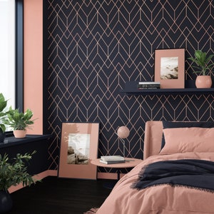 Carta da parati con motivo Art Déco Mandys rosa e blu Mar Baltico, carta da parati geometrica blu e rosa