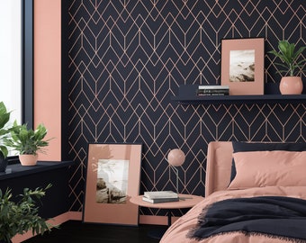 Mandys rosa och östersjöblå art déco-mönstertapet, geometrisk blå och rosa tapet
