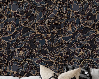 Papel pintado de peonías azul oscuro, papel pintado floral oscuro. Tonos de color arcilla ébano, gris plomo, ónix, negro pasas y beige.