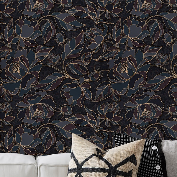 Dark Blue Peony Wallpaper, Dark Floral Wallpaper. Ebony Clay, Gunmetal, Onyx, Raisin Black and Fawn Color Shades