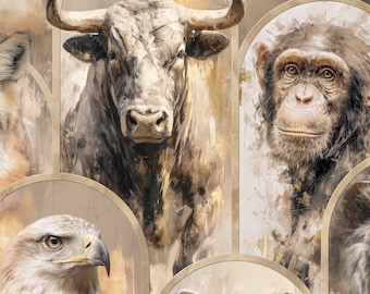 Tapeta Vintage Wildlife w 200% skalowana. Tygrys, niedźwiedź, jaguar, byk, szympans, lew, orzeł, bighorn, zebra, szop, flaming, łabędź i inne.
