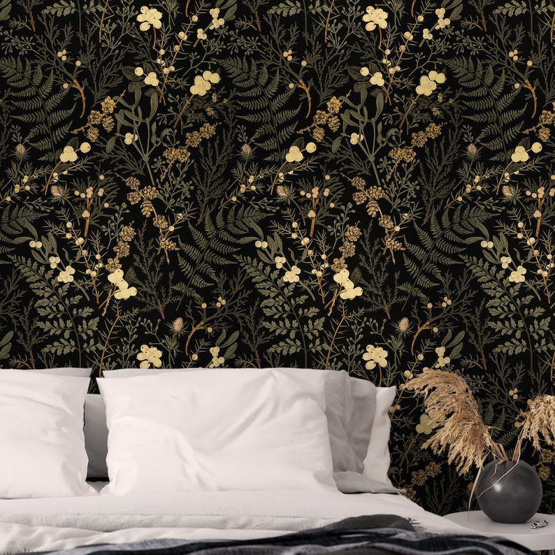 Deep Mossy Forest Wallpaper, Magical Forest Wallpaper. Dark Olive Green, Gold Fusion, Earth Yellow, Iroko and Deep Champagne Color Shades image 2