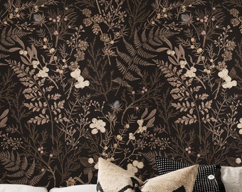 Papel pintado Bosque Gris Oscuro, Papel pintado Bosque Mágico. Tonos neutros cálidos, gris grisáceo pálido, vainilla oscura, marrón muy oscuro, moca y café.
