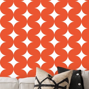 Carta da parati con motivo retrò arancione fiamma, carta da parati con motivo geometrico Bauhaus, carta da parati con motivo geometrico a onda semicircolare retrò