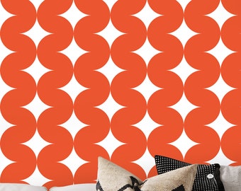 Tapeta w stylu retro w kolorze ognistej pomarańczy, tapeta w geometryczny wzór Bauhaus, tapeta w stylu retro z półkolistym wzorem fali