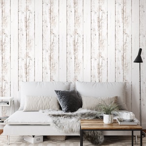 Rustic Wood Wallpaper, White Wood Planks Background Peel and Stick Wallpaper, Lake House Rustic White Wood Farmhouse Wall Decor
