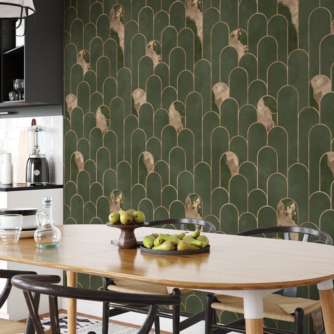 Rifle Green and Pale Gold Wallpaper, Art Deco Arches Wallpaper. Dark ...