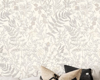 Papel pintado floral Bosque Blanco, Papel pintado neutro. Tonos de color Leche, Cáscara de huevo, Chocolate blanco, Almendra blanqueada, Hueso y Gris pálido.