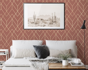 Tapeta w kolorze miedzianego różowego złota w stylu art déco, tapeta geometryczna, odcienie brązu Blast-Off, złota i pszenicy