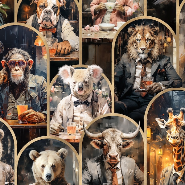 Papel de parede com animais de bar. Touro, chimpanzé, leão, veado, águia, cabra, hamster, papagaio, guaxinim, gato, girafa, burro, coala, coelho, buldogue e ursos.
