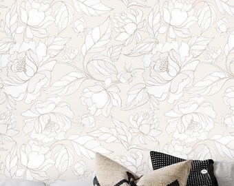 Tapeta Isabelline Peony, neutralna tapeta kwiatowa. Odcienie: mokka, Isabella, biel pingwina i ciemna wanilia.