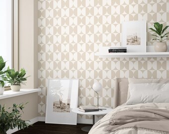 Floral White and Bone Geometric Pattern Wallpaper, Bauhaus Pattern Wallpaper, Semi-Circle Wallpaper