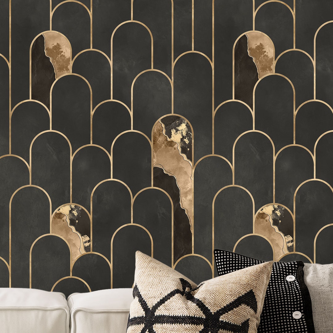 Charcoal Gray and Pale Gold Wallpaper, Art Deco Arches Wallpaper
