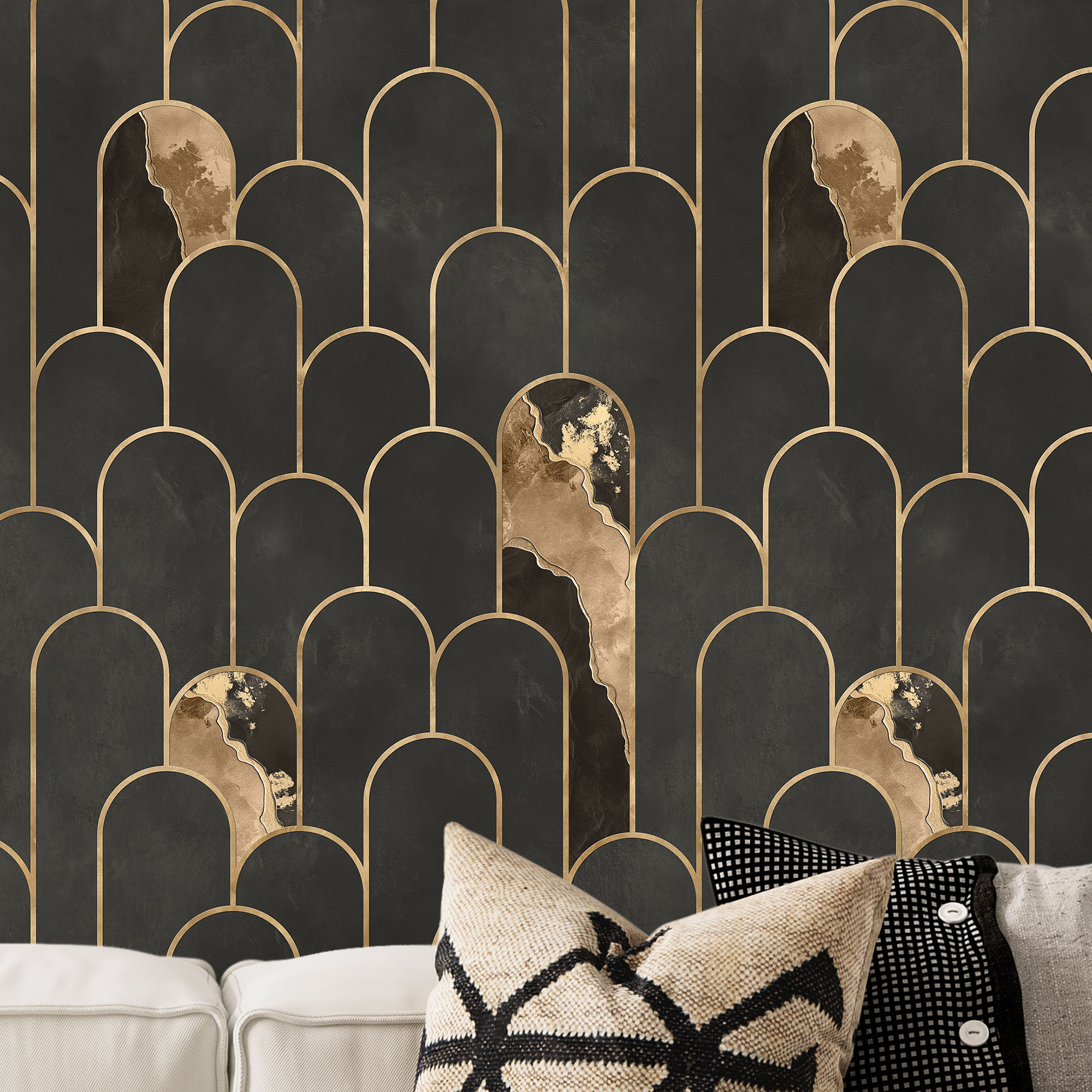Charcoal Gray and Pale Gold Wallpaper Art Deco Arches Wallpaper. Dark Gray Warm Gray Black Olive Dark Brown and Light Taupe Color Shades Etsy