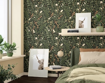 Tapeta "Oliwkowy Las", tapeta "Vintage Botanical Forest". Odcienie: czarny oliwkowy, kawowy, szałwiowy, płowy i szampański.