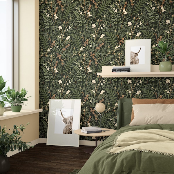 Olive Green Forest Wallpaper, Vintage Botanical Forest Wallpaper. Black Olive, Coffee, Sage Green, Fawn and Champagne Color Shades