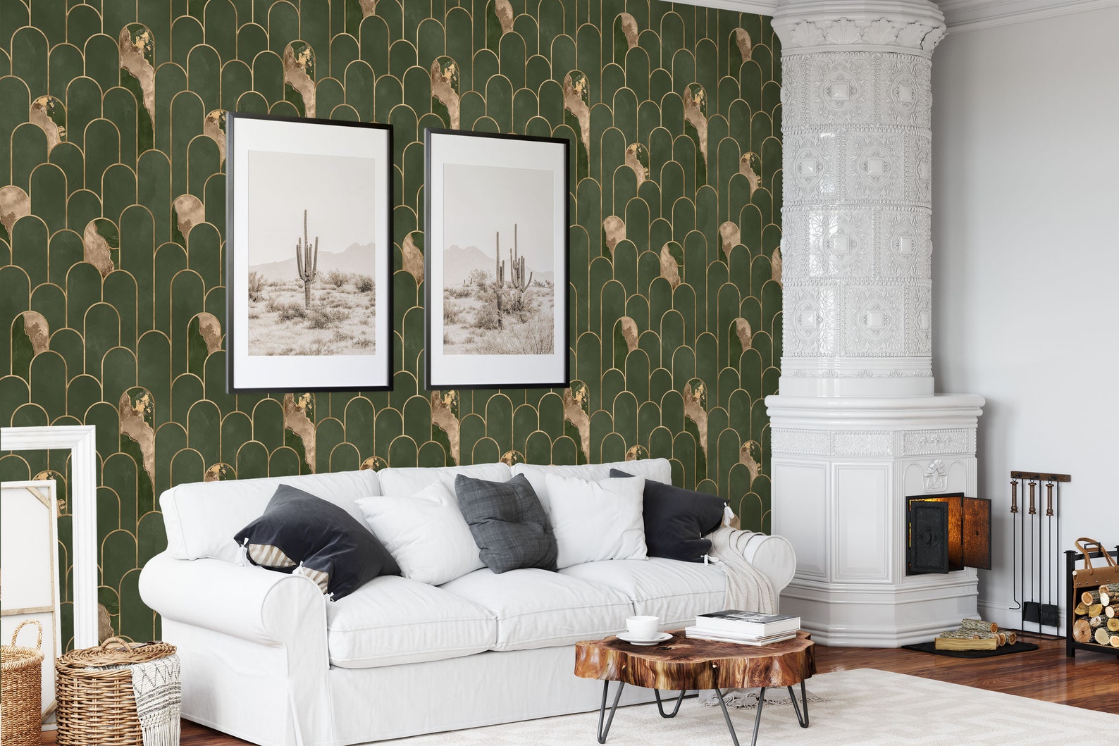Rifle Green and Pale Gold Wallpaper, Art Deco Arches Wallpaper. Dark ...