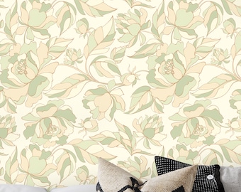 Tapeta w kolorze maślanej bieli, jasnozielonej i brązowożółtej piwonii, tapeta w kwiaty. Odcienie szampańskie, zielona mgła, blady wiosenny pąk i opalenizna.