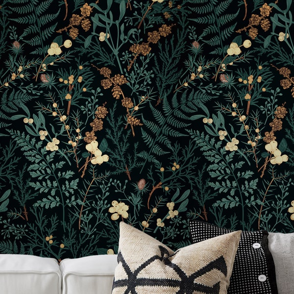 Deep Blue Green Forest Wallpaper, Moody, Magical + Modern Wallpaper. Dark Green Blue, Oxley, Tan, Brown Coffee and Mint Julep Color Shades
