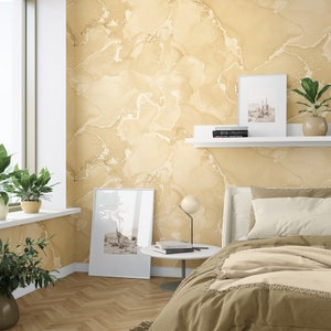 Golden Straw Fluid Art Wallpaper, Alcohol Ink Art. Deep Champagne, Desert Sand, Fawn, Light French Beige and Blanched Almond Color Shades