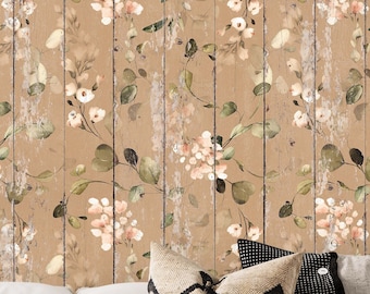 Akvarellblommor Rustik träbakgrundstapet, ljus fransk beige träplankor bakgrund, sliten träblommig väggdekoration