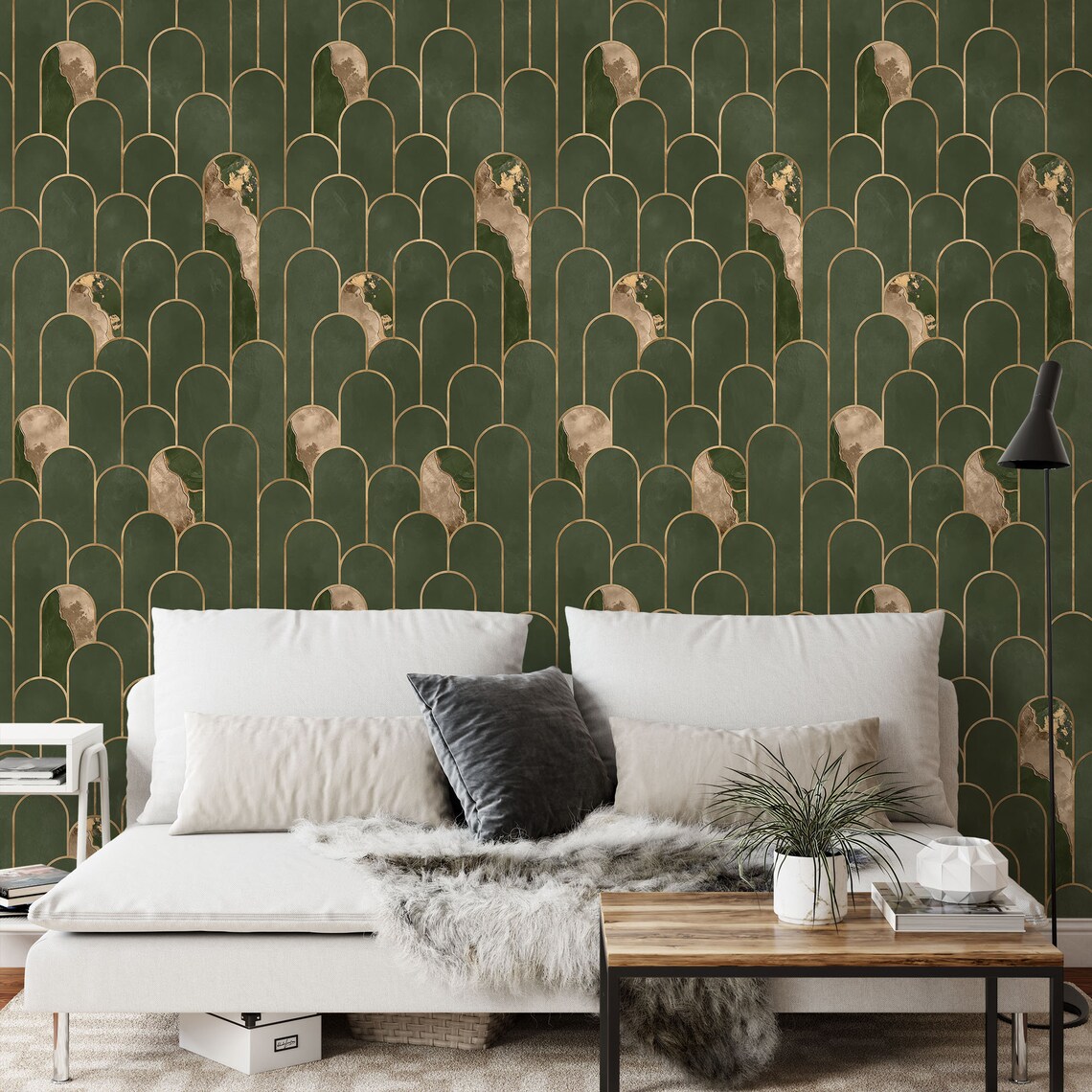 Rifle Green and Pale Gold Wallpaper, Art Deco Arches Wallpaper. Dark ...
