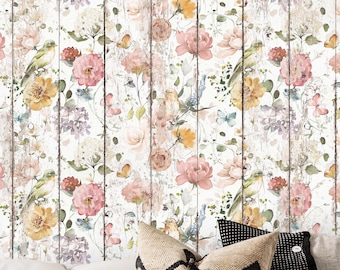 Papel pintado con fondo de madera rústica en acuarela de pájaros y flores, fondo de tablones de madera rústica, decoración de pared floral en acuarela con efecto de madera envejecida