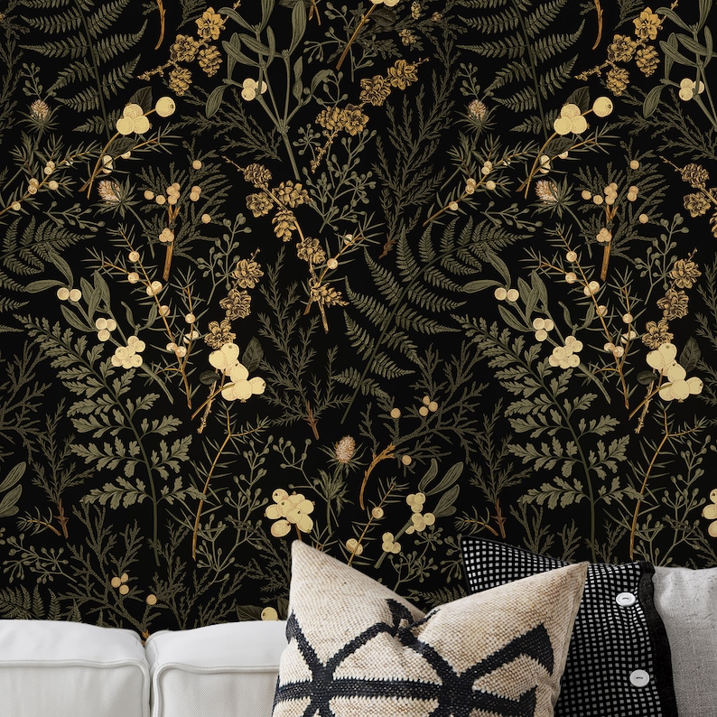 Deep Mossy Forest Wallpaper, Magical Forest Wallpaper. Dark Olive Green, Gold Fusion, Earth Yellow, Iroko and Deep Champagne Color Shades image 1