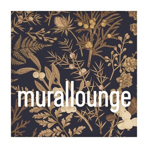 May include: A dark blue background with a repeating pattern of gold botanical illustrations. The text "murallounge" is in white letters in the centre of the image.
