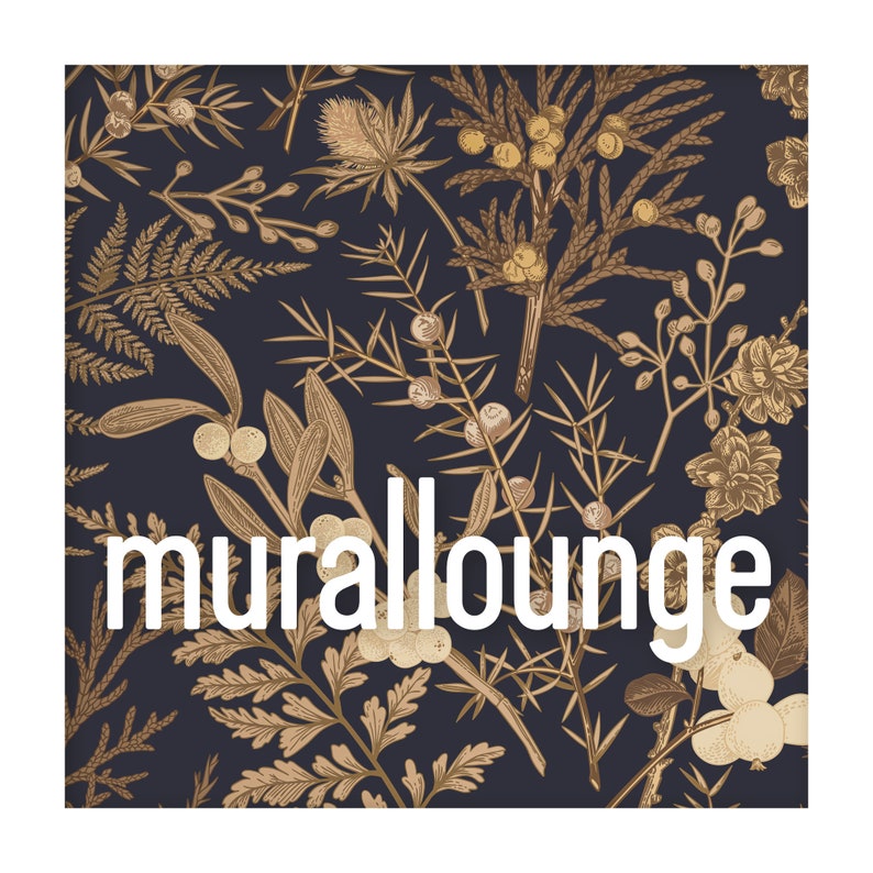 May include: A dark blue background with a repeating pattern of gold botanical illustrations. The text "murallounge" is in white letters in the centre of the image.
