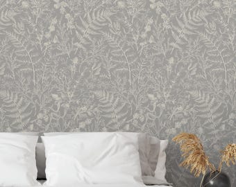 Ciepła szara tapeta leśna, tapeta z motywem botanicznym w stylu vintage.