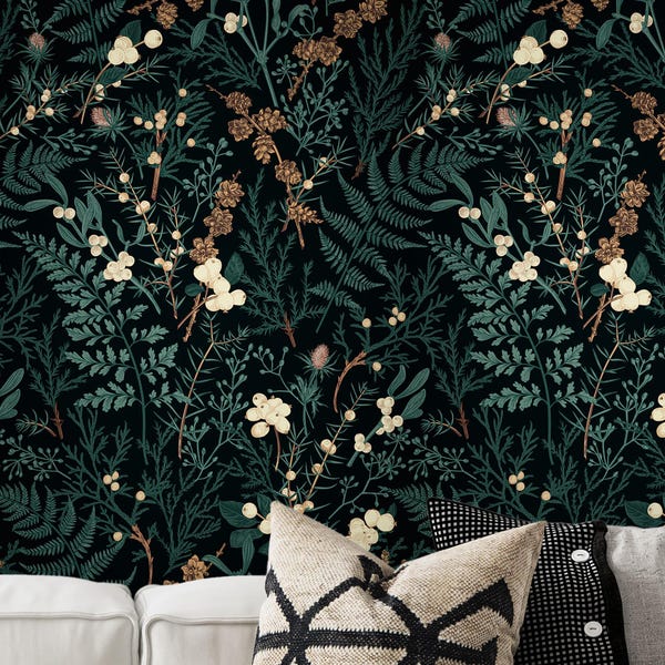 Deep Blue Green Forest Wallpaper, Moody, Magical + Modern Wallpaper. Dark Green Blue, Oxley, Tan, Brown Coffee and Mint Julep Color Shades