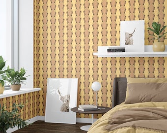 Retro Geometric Wallpaper. Jasmine, Fawn, Teak, Harvest Gold, Coffee Colors, Peel and Stick Wall Decor