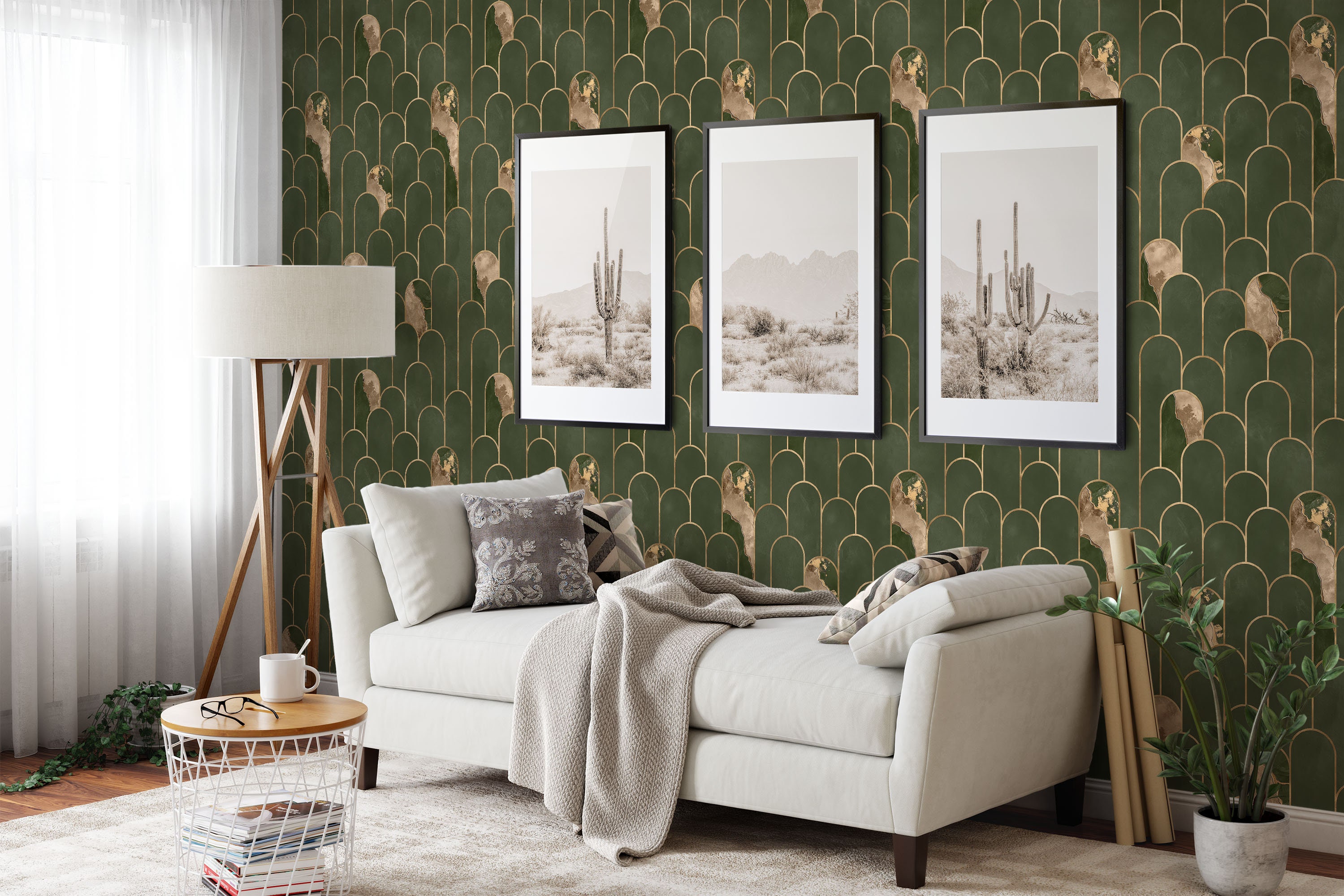 Rifle Green and Pale Gold Wallpaper, Art Deco Arches Wallpaper. Dark ...