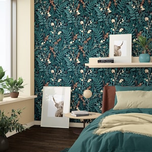 Carta da parati Greenish Blue Forest, carta da parati Vintage Botanical Forest. Tonalità di colore Dark Green Blue, Faded Jade, Fawn, Rose Ebony e Champagne
