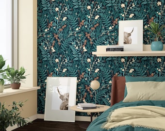 Papel pintado Bosque Azul Verdoso, Papel pintado Botánico Bosque Vintage. Tonos de color Verde Azulado Oscuro, Jade Descolorido, Beige, Rosa Ébano y Champán.